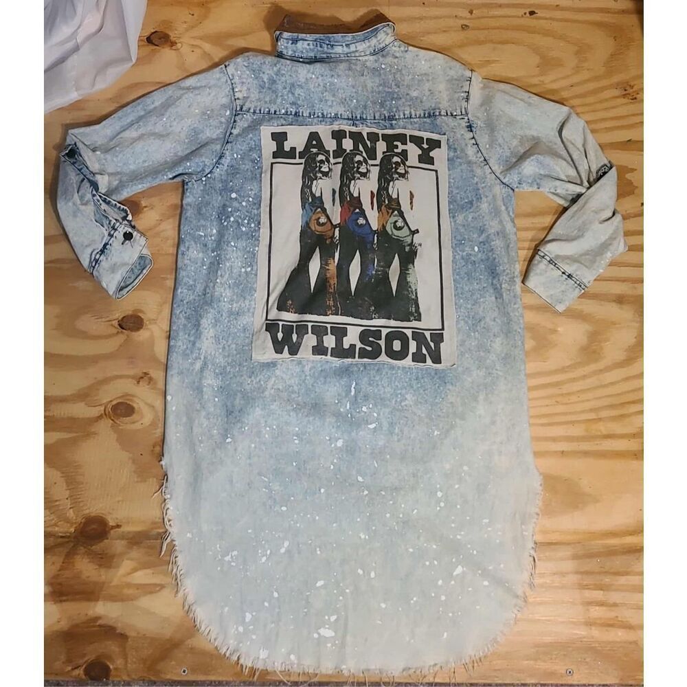 Lainey Wilson Upcycled 1X Extra Long Button Down Denim Top Shacket Country Distr